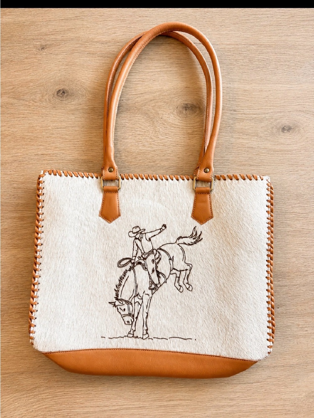 Leather-Trim White Cowhide Tote Bag with Rodeo Embroidery